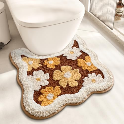 PTAEXCEL Floral U-Shaped Toilet Rug, Non-Slip Bath Mat Soft Plush Contour Bathroom Rug, Absorbent Microfiber Machine Washable for Toilet Base, 22 x 20 Inches Brown - color: Brown 22x20"