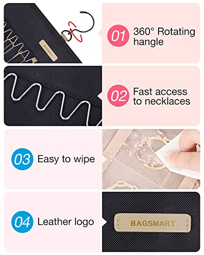 BAGSMART Hanging Jewelry Organizer Storage Roll with Hanger Metal Hooks Double-Sided Jewelry Holder for Earrings, Necklaces, Rings on Closet, Wall, Door, 1 piece, Extra Large, Black - color: Black, size: X-Large