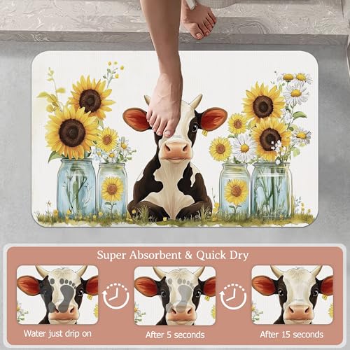 Cute Cow Bath Mat, SunflowersDaisie Diatomaceous Earth Bath Mat,Rubber Backing Quick Dry Absorbent Washable Bathroom Rugs for Tub Non Slip 17"x29.5" - color: Cute Cow,sunflowersdaisie