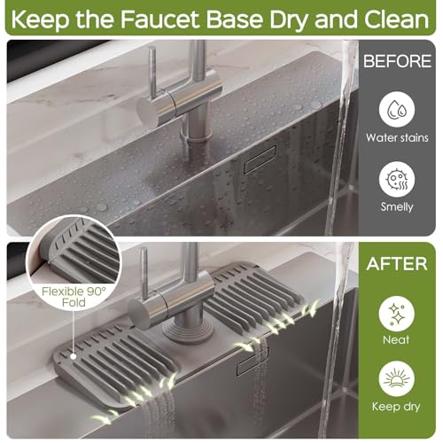 15 Inch Silicone Faucet Mat for Kitchen Sink Splash Guard – 2025 Upgraded Draining Mat with Water Tray Behind Faucet – Countertop Protectors to Catch Spills (Gray, 14.6" x 5.5") - color: Gray, size: 14.6" x 5.5"