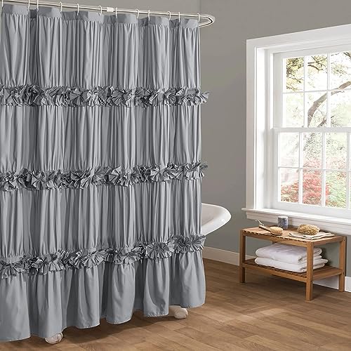 Homechoice Decor Victorian Ruffle Shower Curtain, Vintage Handcrafted Bow Tie Bath Curtain for Master Bathroom, Ruched Microfiber Bathroom Curtain with 12 Buttonholes, 72" W x 84" H, Gray (LQ-10) - color: Grey, size: 72"W x 84"L (Each Curtain)