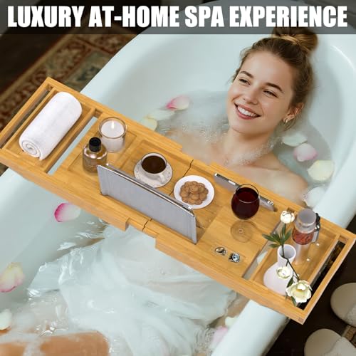 Bathtub Tray Caddy, Expandable Bath Trays for Tub, Bamboo Shelf & Table with Wine Glass Holder,Bathroom Accessories for New Home & Mothers Day & Birthday Gifts for Mom - color: Natural