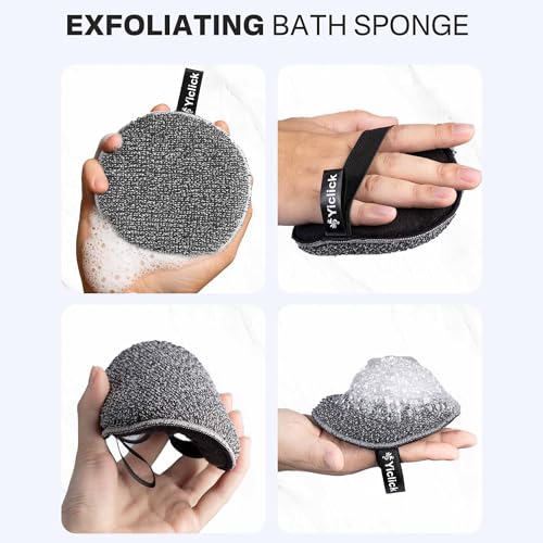 Yiclick Exfoliating Body Scrubber (2 Pack), Body Exfoliator Scrubber, Exfoliating Sponge for Shower Bath, Shower Loofah Luffa Lufa with Handle, Dead Skin Exfoliator for Body Scrub, Men Women - color: Black