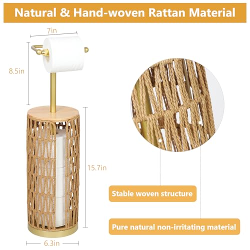 Trongee Freestanding Toilet Paper Holder with Storage,3 Rolls of Boho Toilet Paper Holder Stand with Lid,Gold Toilet Tissue Holder Stand Rattan Paper Storage Wicker Toilet Roll Holder Basket - color: U-gold