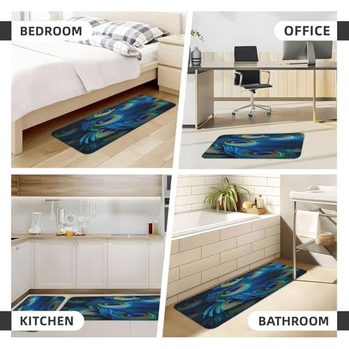 Peacock Blue Feather Kitchen Rugs Mats Set of 2 Pcs Non-Slip Floor Mats Washable Runner Rugs Set for Bathroom Laundry Hallway Kichen Comfort Standing Mat - color: Peacock Blue Feather