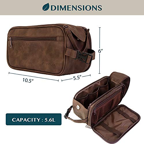 PAVILIA Toiletry Bag for Men, Travel Essentials Shaving Dopp Kit, Mens Travel Bag Toiletries Organizer Case for Grooming, PU Leather Water Resistant Cosmetic Bag Pouch (Dark Brown) - color: Dark Brown, size: Large (10.5x5.5x6)