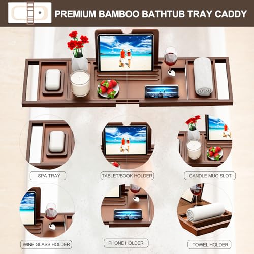 Premium Bathtub Tray Caddy - Bath Table Tray for Bathtub - Bath Tub Tray Table for Bathtub, Expandable Size, Fits Most Bath Tubs - color: Vintage Brown