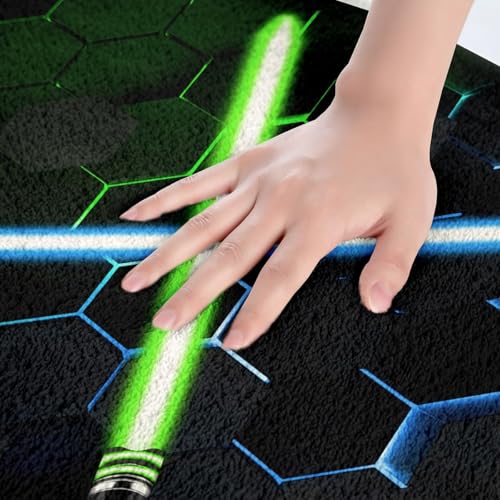 Geometric Honeycomb Bathroom Rug Neon Blue Purple Light Light Up Sword Non Slip Bath Mat Kids Boys Girls 3D Glowing Hexagon Shaggy Absorbent Floor Mat Fashion Black Bath Indoor Doormat Decor,20"x32" - color: Lightsaber 01, size: 20" x 32"