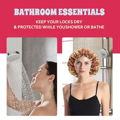 Luxury Shower Cap Satin Lined Reusable Waterproof Double Layer Elastic Adjustable Hair Bath Cap Cute Aesthetic Women Girls-Boho 2 - color: F20-Boho 2