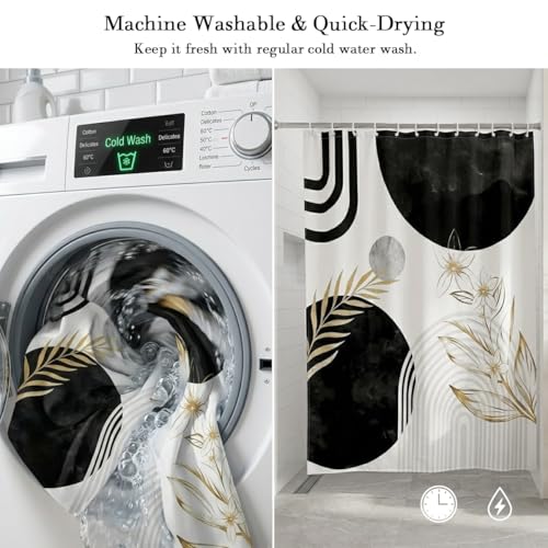 Black and Gold Shower Curtain, White Grey Abstract Art Pattern, Mid Century Modern Polyester Fabric, Cool Boho Mens Bathroom, 60x72 Inch, 12 Hooks Included - color: Black, size: 60"W x 72"L (Pack of 1)
