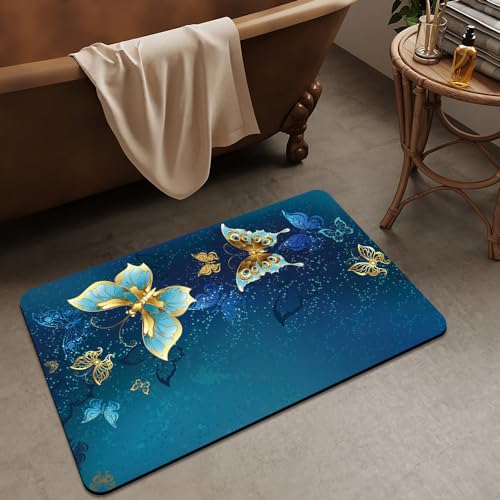 Bath Mat Rug,Blue and gold butterfly Non Slip Quick Dry Super Absorbent Thin Bathroom Rugs Fit Under Door-Easy to clean Bathroom Floor Mats-Shower Rug for Shower Sink Bathtub(17" x 27.5"In) - color: Blue and Gold Butterfly, size: 1'5" X 2'4" (Rectangular)