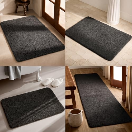 TYUU Bathroom Runner Rug, Ultra Soft Long Bath Mat Machine Washable Super Absorbent Quick Dry Bathroom Runner Rugs 24 x 60 Non Slip, Black 24" x 60" - color: Black, size: 24" x 60"