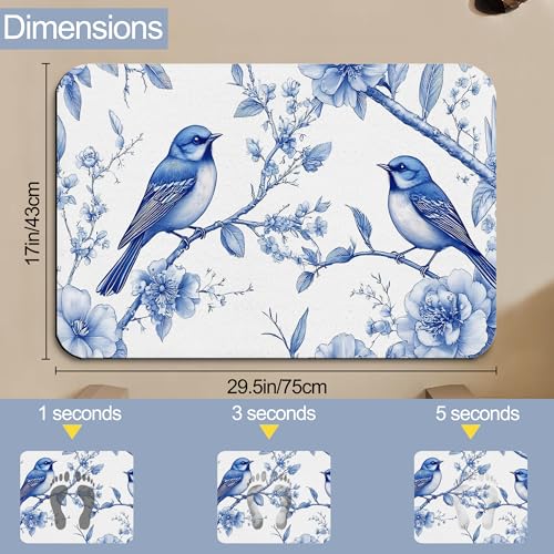 Diatomaceous Bathroom Rugs,Blue Birds Bathroom Decor,Retro Flowers Non Slip Bath Mat,Quick Dry Easy to Clean Care Shower Rug for Home Dorm Low Profile Floor Mat 17 X 29.5 Inch - color: Blue Birds