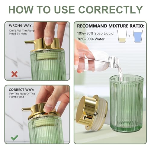 KASUNTING Green Glass Foaming Soap Dispenser, Ribbed Foam Hand Soap Dispenser for Bathroom, 11 Fl Oz Refillable Foaming Pump Bottle with Black Pump, Modern Dish Soap Foam Dispenser - color: Green Bottle+ Gold Pump, size: Foam-1 Pack
