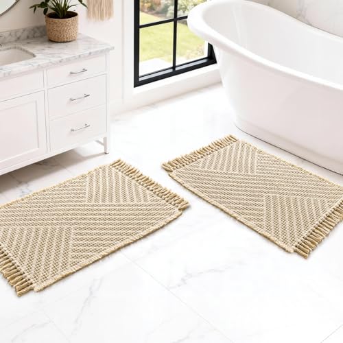 H.VERSAILTEX Waffle Bath Mat Super Absorbent Boho Bath Mat Non Slip Bath Rugs for Bathroom Floor Machine Washable Dry Fast Bathroom Rugs with Tassels (17 x 24 Plus 17 x 24 Inches, Vanilla) - color: Vanilla, size: 17" x 24" Plus 17" x 24"