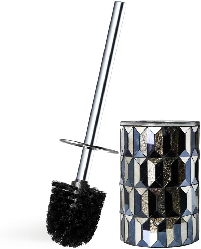 Escenzy Cute Toilet Brush and Holder Set Mosaic Glass | Non-Rustic Stainless Steel | Practical & Decorative Toilet Bowl Brush and Holder | Luxury Black and Gold Bathroom Accessories (Latest) - color: Black Gold Straight