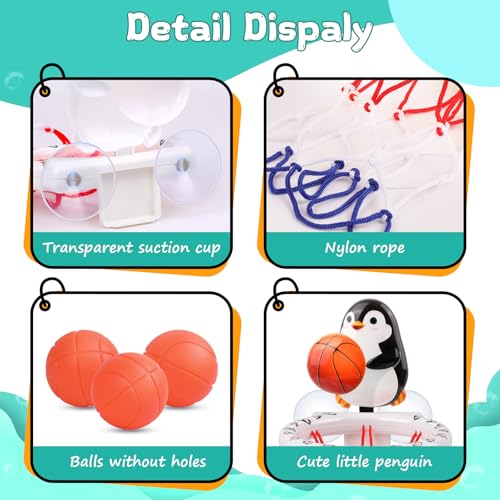 Bath Toys, Bathtub Basketball Hoop for Toddler Kids, 3 Soft No Hole Balls & Bath Basketball Hoop with Strong Suction Cup, Black & White Penguin Baby Shower Bath Toys Set for Boys and Girls - style: White & Black Penguin
