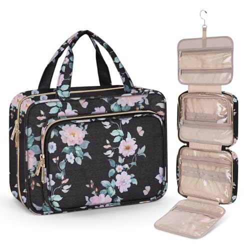 Wedama Toiletry Bag for Women, Large Cosmetic Travel Bag, Hanging Toiletry Bag for Bathroom, PVC Waterproof Makeup Bag, Toiletries Bag for Travel Business Trips and Camping, Black+Pink Floral - color: Black+Pink, size: Large, style: Minimalist