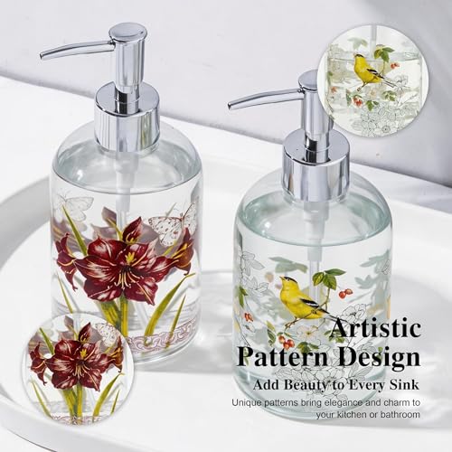 Topadorn Hand and Dish Soap Dispenser Set, 2 Pack 17oz Glass Soap Dispensers with Pump, Refillable Kitchen Soap Bottles, Vintage Floral & Goldfinch Bathroom Counter Decor - color: Set of 2