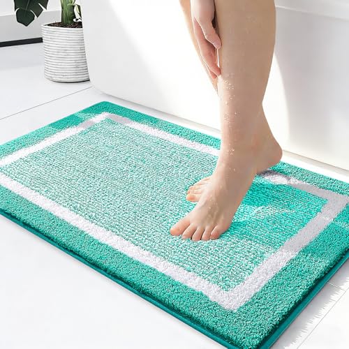 OLANLY Small Bathroom Rugs 24x16, Extra Soft and Absorbent Microfiber Bath Rugs, Non-Slip, Machine Washable, Quick Dry Shaggy Bath Carpet, Bath Mats for Bathroom Floor, Tub, Shower, Green - color: Green and White, size: 24" X 16"