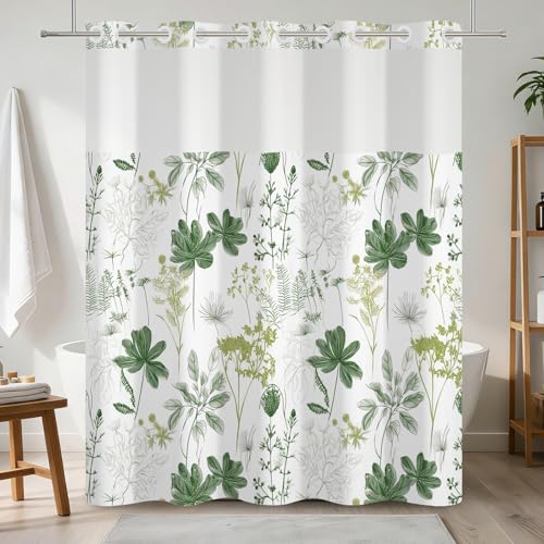 No Hook Plant Shower Curtain with Snap in Liner, 71x74 Inch | Sage Green Leaf Pattern Shower Curtains for Bathroom, Mesh Top Window Waterproof Washable Fabric - color: Green Botanical