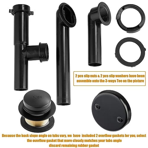 Artiwell 1-1/2" Black Tubular Bath Drain Kit with Tip-Toe Bath Drain Stopper, Touch-Toe Tub Drain, Tip Toe Bathtub Drain Waste and Overflow with Plug and Bathtub Overflow Drain Cover, Matte Black - color: Matte Black