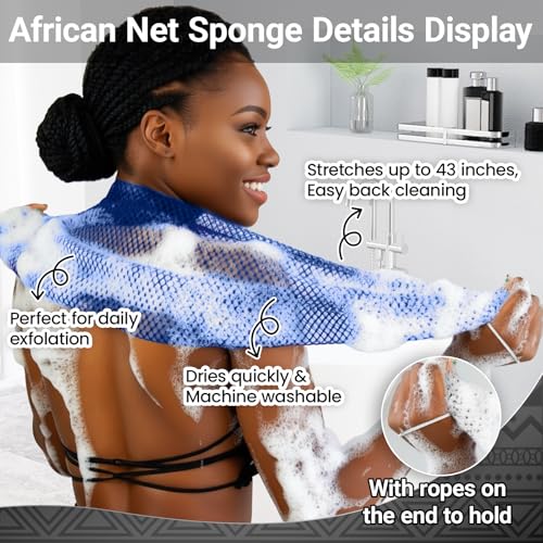 African Net Sponge Authentic 3 Pieces Gentle Exfoliating Body Scrubber Bath Sponges for All Skin Types, African Exfoliating Net Sponge with Handles Washcloth Loofah Bathing Accessories for Shower - style: Black, White, Blue