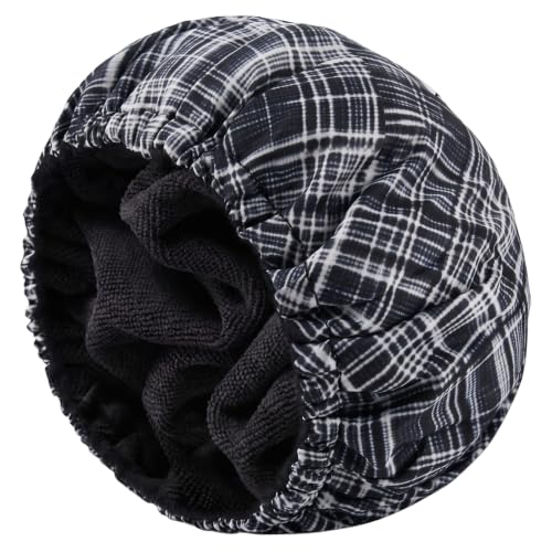 Shower Cap for Men Black Bath Cap, Reversible Terry Lined Large Waterproof Adjustable Shower Caps Elastic Band Stretch Hem Hair Hat for braids - color: Shadow Plaid