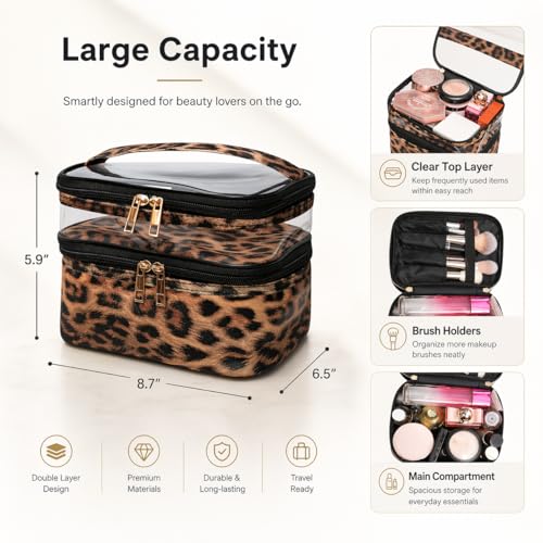 Double-layer Cosmetic Bag Makeup Bag Travel Makeup Bag Makeup Bags for Women Cosmetics Cases Portable Waterproof Foldable (Leopard) - color: 00-Brown