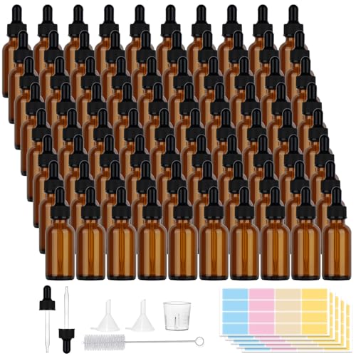 80 Pack 1oz Amber Glass Bottles with Glass Eye Droppers for Essential Oils, Perfumes (Brush, Funnels, 2 Extra Droppers, 80 Pieces Labels & 30ml Measuring Cup Included) - color: Amber-80pack
