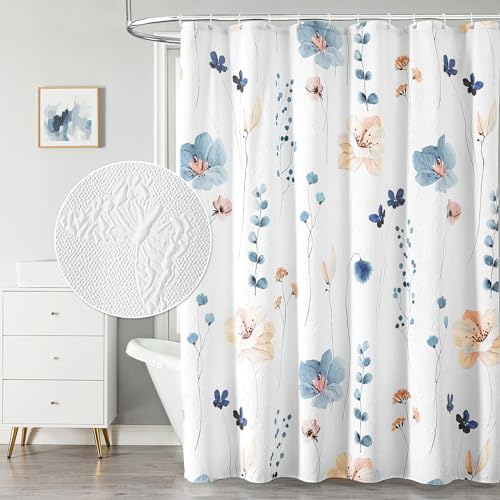 QiyI Watercolor Floral Shower Curtain, 3D Embossed Butterflies Blue Beige Flower Bathroom Curtain, Minimalist White Cloth Bath Curtain, Waterproof Fabric Textured Shower Curtain Set with Hooks, 72x72 - color: Beige, size: 72"W x 72"L (Pack of 1)
