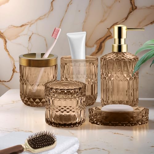 5Pcs Brown Bathroom Accessories Set, Glass Bathroom Accessories, Vintage Bathroom Countertop Decoration Includes Soap Dispenser, Toothbrush Holder, Qtip Holder,Soap Dish and Rinsing Cup - color: Brown, size: 5 Pcs