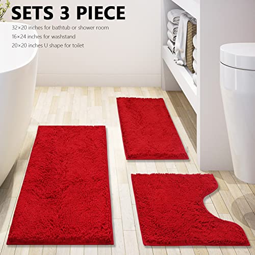 BOANKODU Bathroom Rugs Chenille 3-Piece Extra Soft and Absorbent Shag Bathroom Rugs, Machine Wash Mat, Strong PVC Non-Slip Underside, Plush Carpet Mats (Red) - color: Red, size: 2'8" x 1'8" (16x24"+20x32"+20x20"U shape）