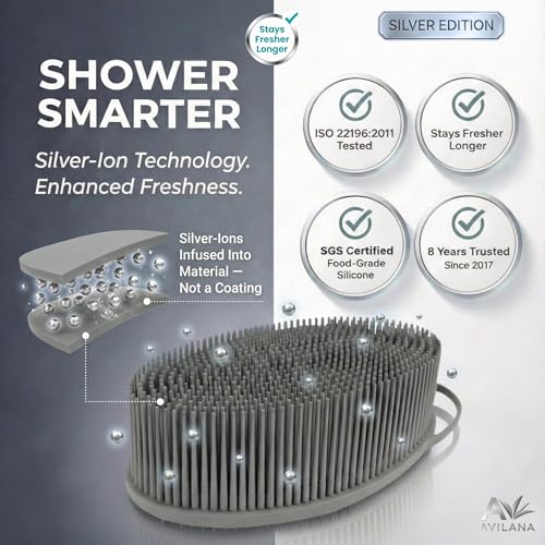 Avilana Silicone Body Scrubber for Shower – SGS Certified Food Grade Dual Sided Bath Brush, Gentle Exfoliating Silicone Loofah Alternative, Sensitive Skin Body Brush (Blue-Silver, Exfoliate) - color: Blue-silver, size: Exfoliate