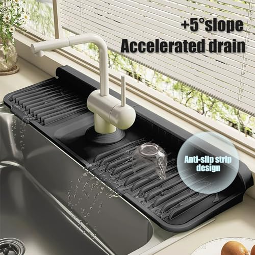 STARGAZ Silicone Faucet Mat For Kitchen Sink,Sink Back Splash Guard, Faucet Draining Mat,Kitchen Sink Rubber Mat,Bathroom Sink Sink Mat,Soap Dish,Silicone Sink Protector(17.7”×5.5”) - color: Black, size: 17.7" x 5.5"