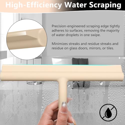 Shower Squeegee for Glass Doors, Full Silicone Jacketed Squeegee with Ergonomic Handle & No-Drill Hook, Cleaning Tool for Windows, Mirrors, Tiles, Bathroom & Car - Beige - color: Beige, size: without loop