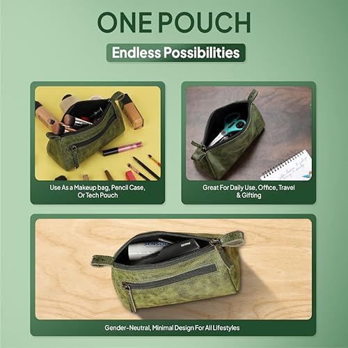 Leather Makeup Bag for Women – Genuine Leather Cosmetic Bag Travel, Handmade Zippered Makeup Pouch, Small Toiletry Bag, Shaving Kit & Stationery Organizer- Forest Green - color: Green