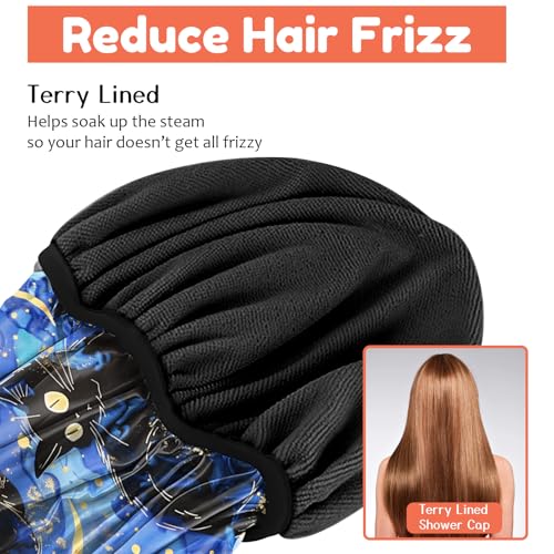 Luxury Shower Cap Terry Lined Reusable Triple Layer Waterproof Hair Elastic Caps Shower Bath Hat for Women Girls Cute Aesthetic-Black Cat - color: AL7-Black Cat