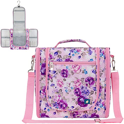 PAVILIA Extra Large Toiletry Bag Travel Bag for Women Men, Hanging Cosmetic Organizer, Water Resistant Makeup Bag for Accessories Toiletries, Travel Essentials Kit (Floral Pink) - color: Floral Purple, size: Extra Large (12x6x12.5)