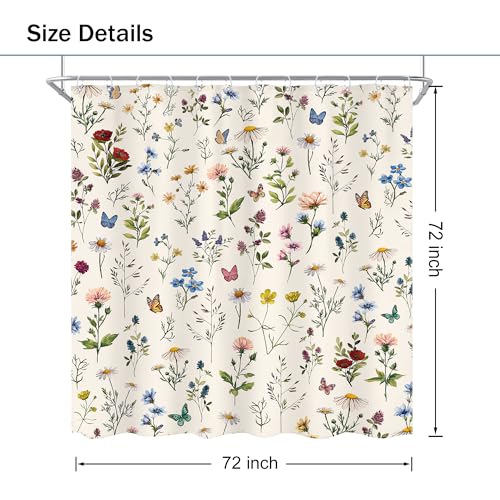 Vintage Floral Shower Curtain 72Wx72L Inch Beige Flowers Wildflower Plant Botanical Herbs Cottage Core Bathroom Set Whimsical Butterfly Woman Girls Bath Curtain Bathtub Accessories Home Decor - color: D 01 Beige, size: 72"W x 72"L (Pack of 1)