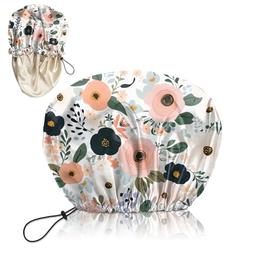 Luxury Shower Cap Silk Satin Lined Waterproof Reusable Adjustable Elastic Dry Hair Bathing Caps Cute for Women Girls-Flower - color: C-1-Flower