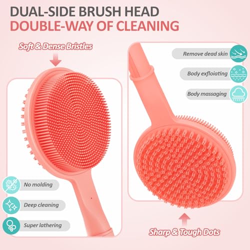 Silicone Back/Face Scrubber & Soft Bath Glove 3PCS, 16''- 24'' Extendable Shower Back Scrubber, 360° Anti-Slip & Hand-fit Silicone Bath Glove, Manual Face Brush for All-Round Cleaning(Pink) - color: Pink*3