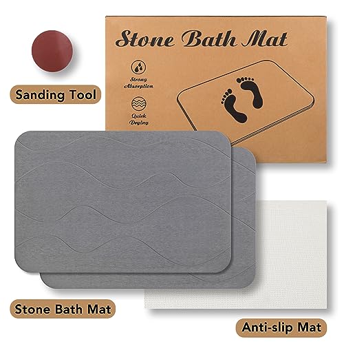 Stone Bath Mat, Diatomaceous Earth Shower Mat, Non-Slip Super Absorbent Quick Drying Bathroom Floor Mat, 2Pack,Grey, Pattern 1 - color: Grey-wave