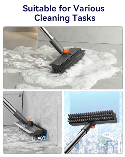 Small Floor Scrub Brush with Length Adjustable Long Handle, 3 in 1 Heavy-Duty Stiff Bristle Scrubber Brush with Squeegee and Tweezer for Cleaning Bathroom, Tile, Deck, Patio, Garage and Kitchen - color: Grayorange