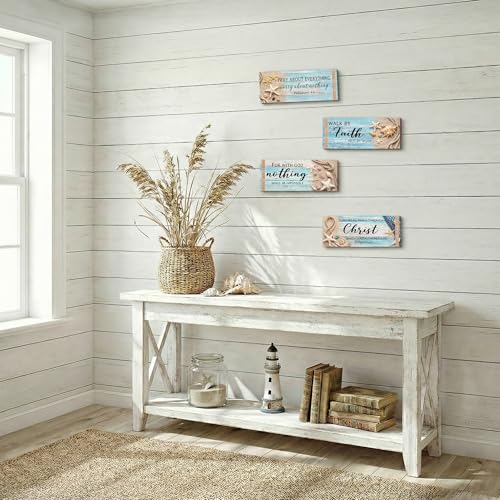 4Pcs Coastal Wooden Wall Decor for Bathroom Bedroom Summer Beach Christian Wall Art Room Decor Starfish Seashells Wooden Signs Teal Ocean Religious Decor with Bible Verses Nautical Home Decoration - style: Coastal