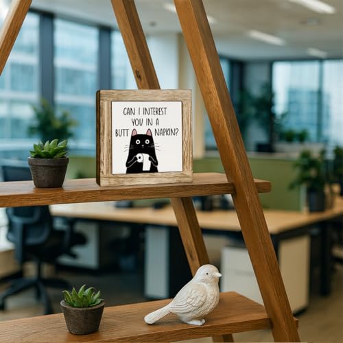 Funny Black Cat Bathroom Decor Wooden Sign, Can I Interest You in A Butt Napkin, Washroom Decoration for Table Shelf, Rustic Bathroom Wooden Table Top Decor 5.9×5.9 inch - color: color32