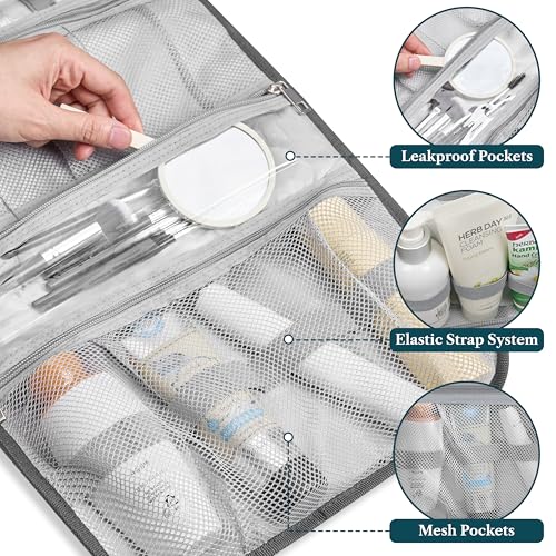 PAVILIA Hanging Toiletry Bag for Women Men, Large Foldable Toiletries Organizer with Hook, Water-Resistant Makeup Cosmetic Rollup Case, Clear Pockets for Bathroom, Gym, Cruise (Floral Grey) - color: Grey Floral