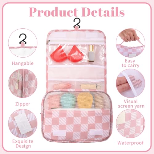 Pengxiaomei Toiletry Bag for Women, Pink Waterproof Hanging Cosmetic Bag Portable Makeup Pouch Multifunction Handle Travel Toiletry Bag for Teen Girl Gifts - color: Pink square