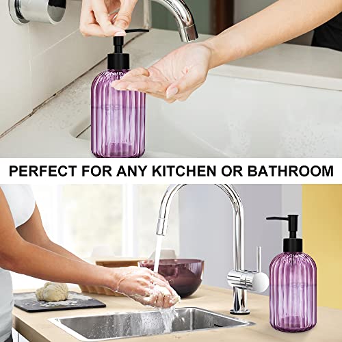 Pack of 2 Glass Soap Dispenser with Black Pump, 400 ml Refillable Pump Dispenser for Kitchen, Bathroom, Laundry Room, Liquid Glass Bottle for Washing Up Liquid, Shampoo, Conditioner (Purple) - color: Purple