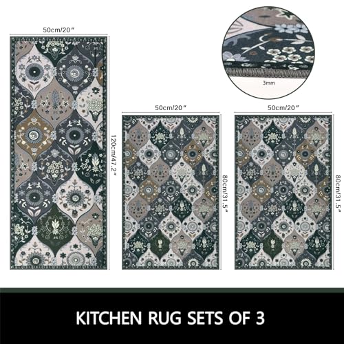 Kitchen Rugs Sets of 3-Non Slip Kitchen Mats for Floor Moroccan Trellis Kitchen Floor Mat Runner Carpet for Hallways Entryway Laundry Room Washable - color: Dark Grey, size: 1" x 1" (Rectangular)